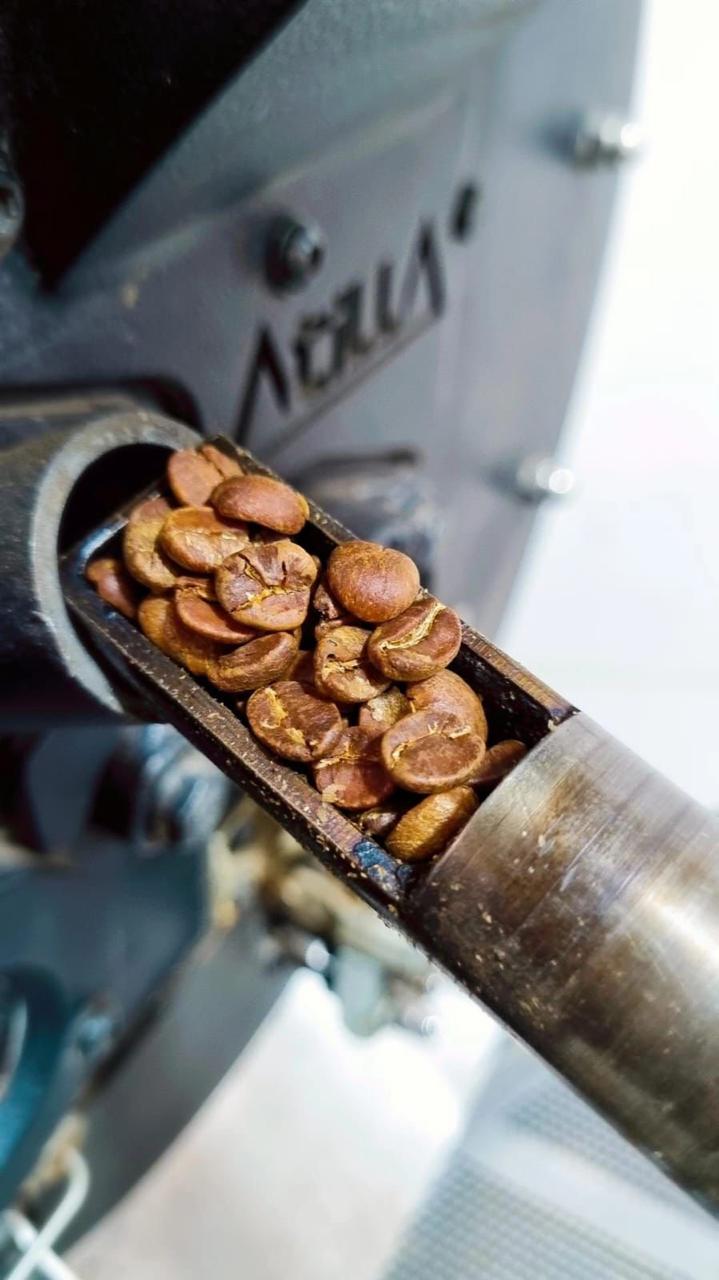 Café Coffee Up no momento da torra — grãos castanhos no torrador